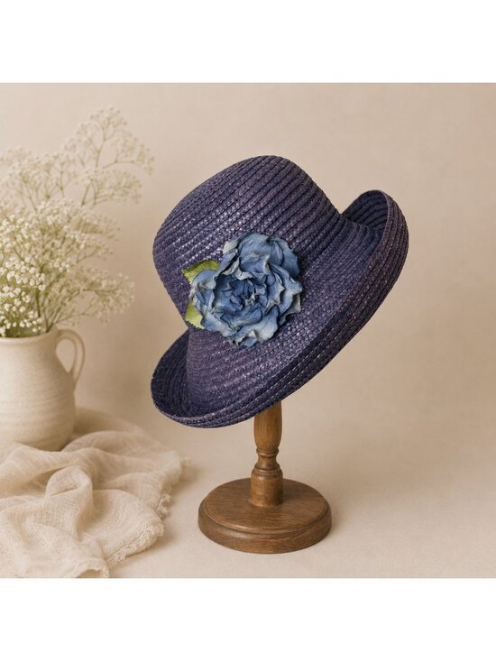 Vintage Villager Periwinkle Straw Cloche Hat Floral Rosette Church Derby Party main image 15